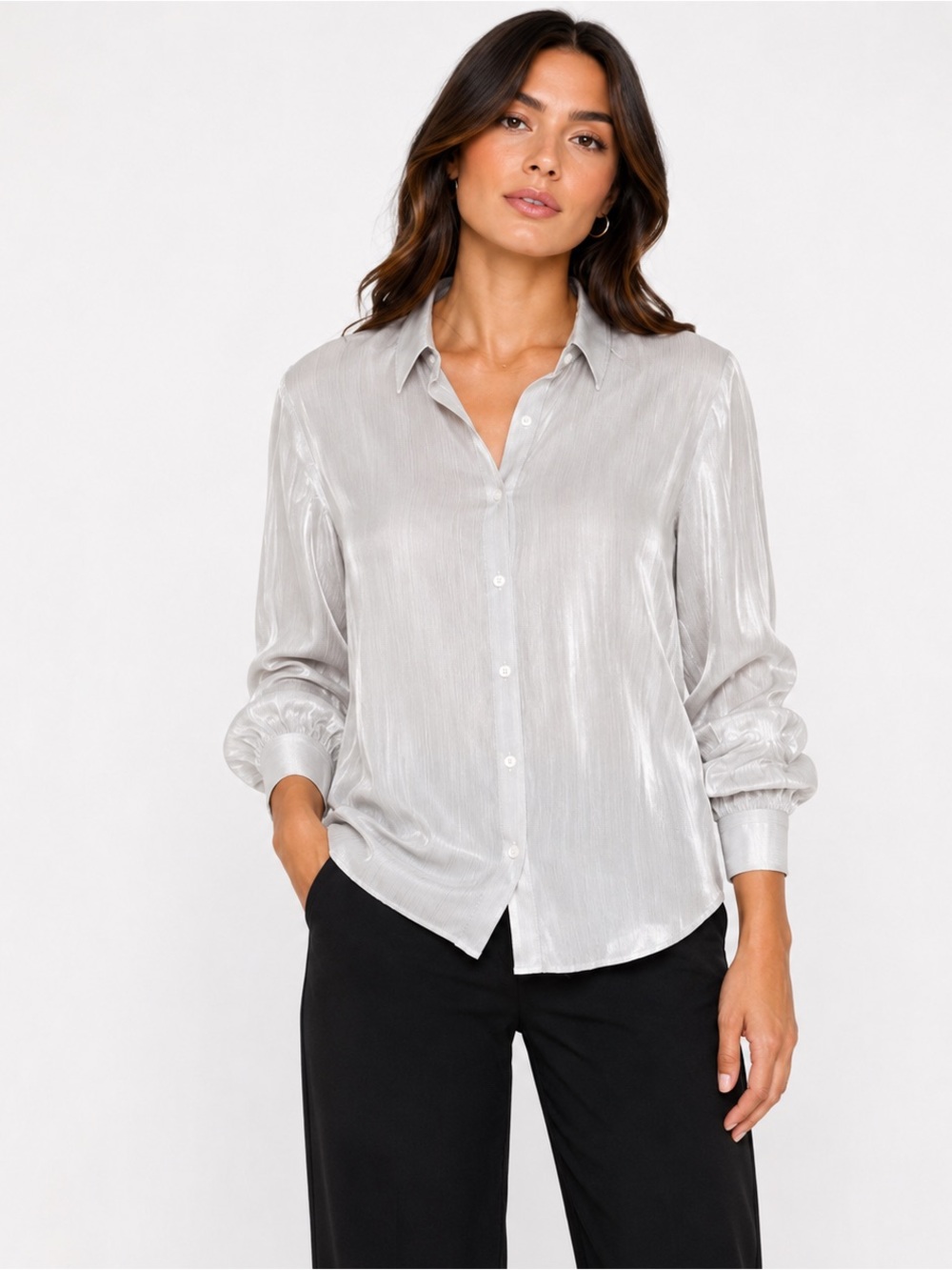 2/$35 Quiet Luxury Sheen Look Stripe Button Up Blouse L